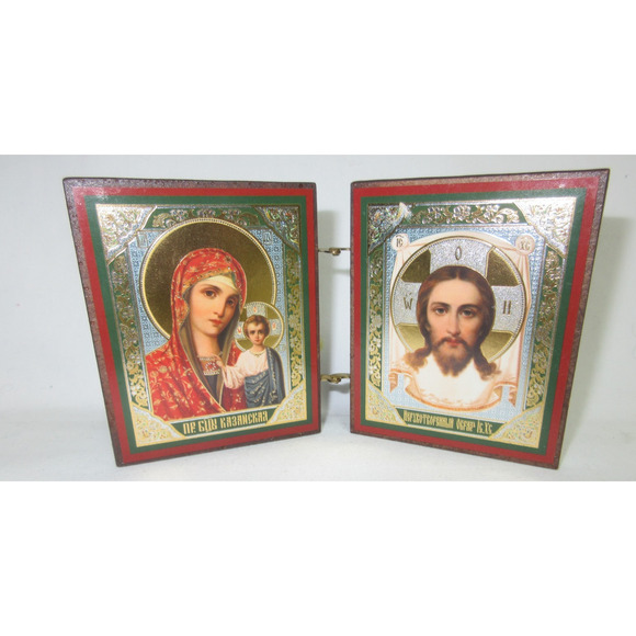 Russian Diptych Icon Virgin of Kazan and Icon not Made by Hand 3" X 2.5" - Picture 1 of 8